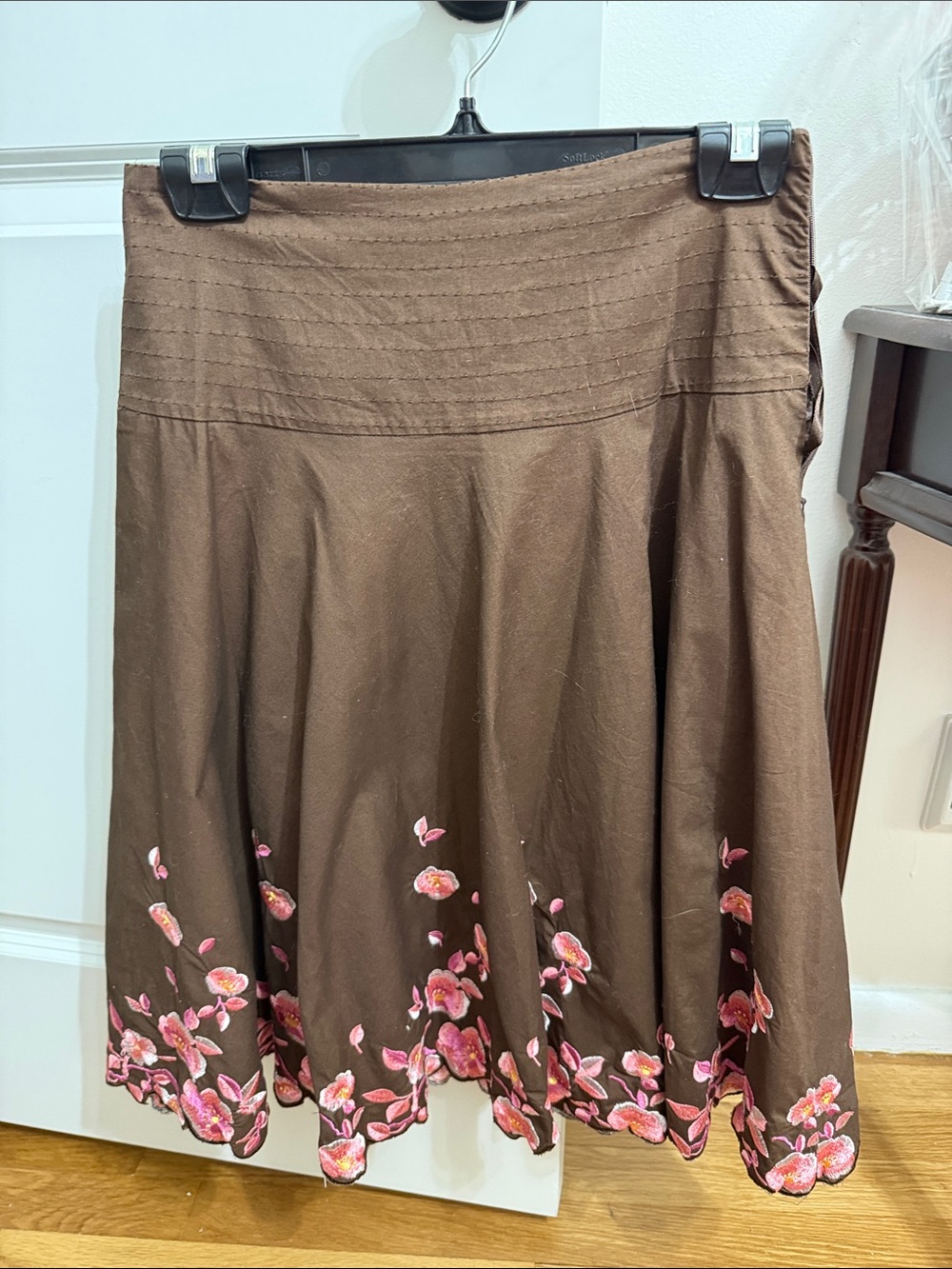 Sweet by Miss Me Brown A-Line Skirt with Pink Floral Border